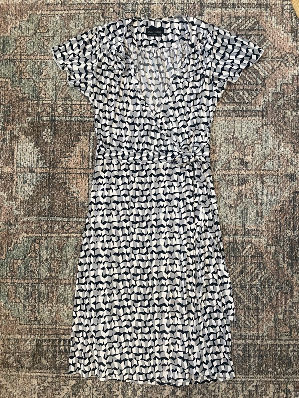 Max & Cleo Geometric Print Wrap Midi Dress Black Gray Size S